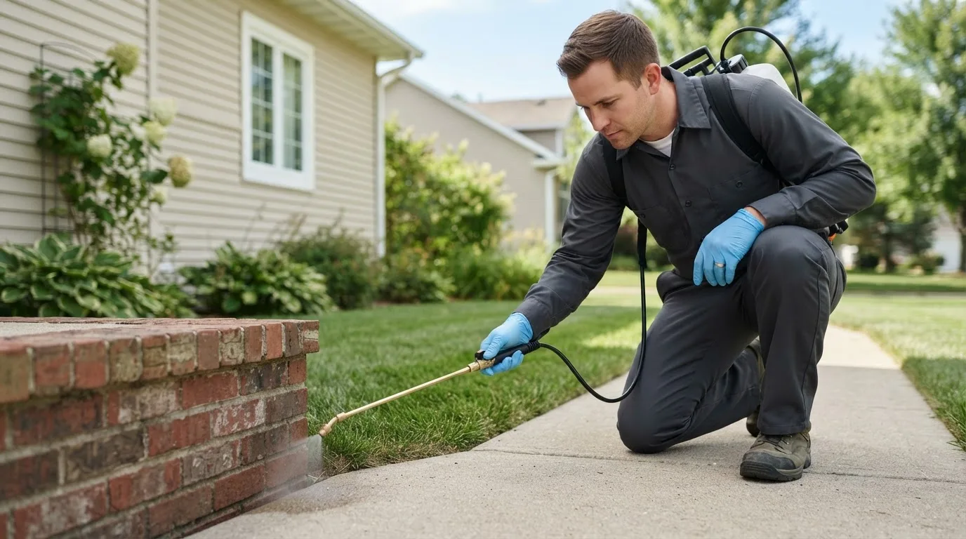 Pest control technician treating a home near Dobson, NC